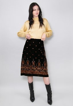 70's Vintage Ladies Skirt Brown Velvet Embellished Midi