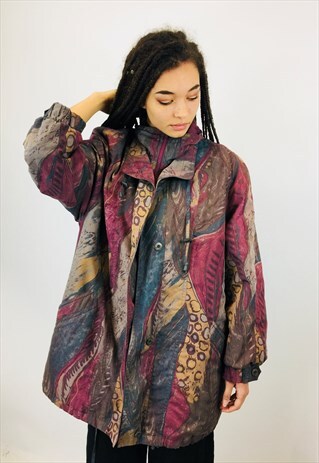 VINTAGE 80S SATIN FINISH COLOURFUL PATTERN COAT
