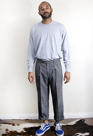 80S 90S MINIMALIST HIGH RISE PLEATED GREY WOOL TROUSERS 32