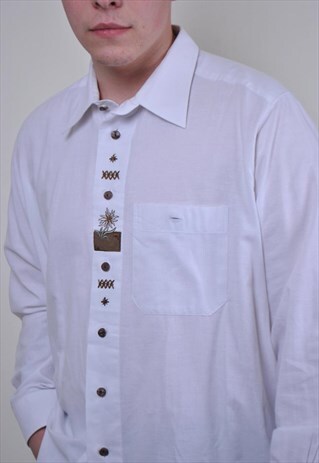 WHITE ETHNO SHIRT, RETRO BOHO BUTTON DOWN, MENS FLORAL