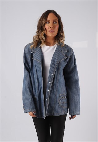 DENIM JACKET PINSTRIPE STRIPED FITTED OVERSIZED UK 18 (CVDQ)