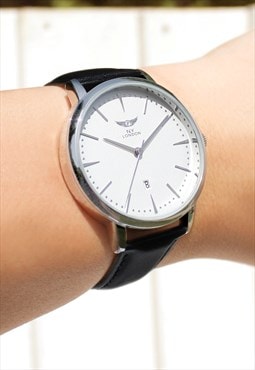Gents Classic Silver Leather Watch with Date