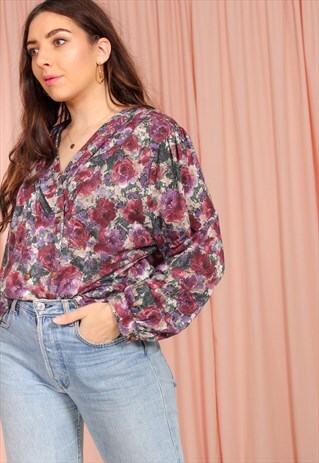 VINTAGE 80S BLOUSE IN FLORAL WALLPAPER PRINT
