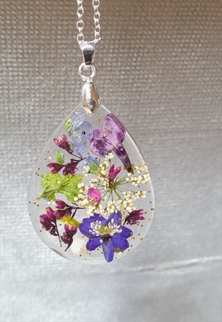 Dried flower resin oval necklace with 925 silver chain
