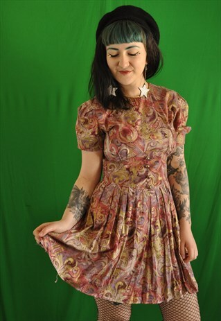 VINTAGE 1980S PINK FLORAL PAISLEY MINI DRESS