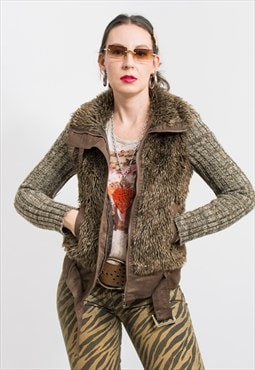Y2K Faux fur jacket knitted sleeves women size S