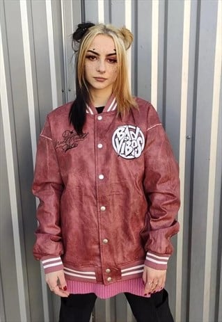 Heart patch varsity jacket faux leather baseball bomber red