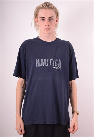 NAUTICA MENS VINTAGE T-SHIRT TOP LARGE NAVY BLUE 90S