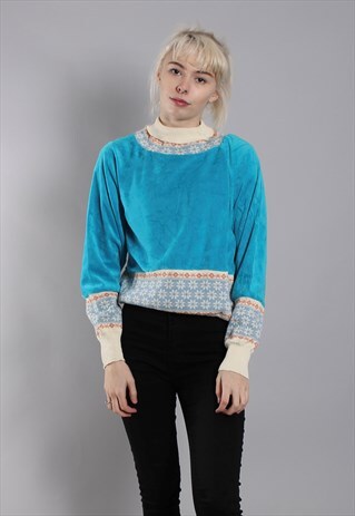 VINTAGE 70S NORDIC PATTERNED CRUSHED VELVET JUMPER