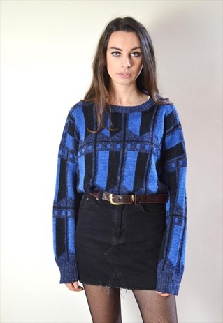 80S VINTAGE BLUE & BLACK ABSTRACT PATTERN KNIT JUMPER