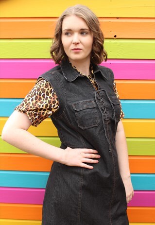 VINTAGE 90S BLACK LACE UP PENCIL DENIM SHIRT MIDI DRESS