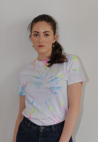 WOMENS BOHO FESTIVAL BLUE COLOURFUL RAINBOW TIE DYE TSHIRT