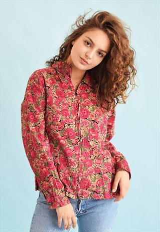 90'S RETRO ROSE PRINT CORDUROY MOMS SHIRT TOP