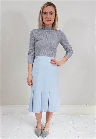 VINTAGE 80'S BABY BLUE PLEATED HEM KNEE LENGTH SKIRT