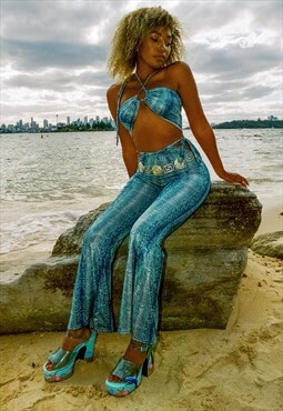 Blue Snakeskin Print Flare Pants With Cut Outs