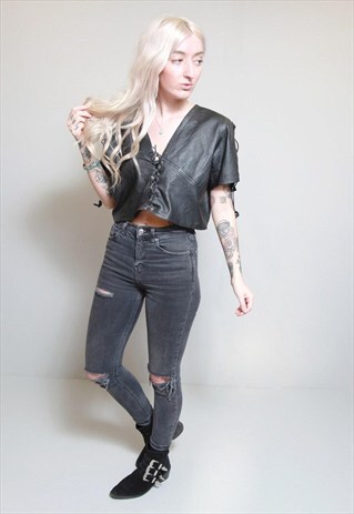 VINTAGE 1980'S BLACK LACE FRONT LEATHER CROP TOP