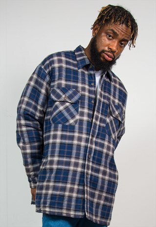 VINTAGE BLUE CHECKED THICK LINED FLANNEL SHIRT