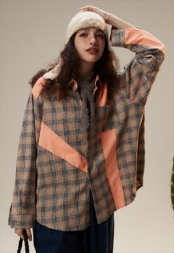 Contrast stitch check shirt long sleeve grunge plaid blouse