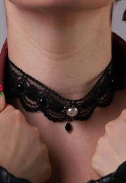 Gothic Black Pearl Lace Choker necklace