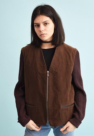 90'S RETRO VELVET & KNIT SHEARLING JACKET WITH FUR LINING