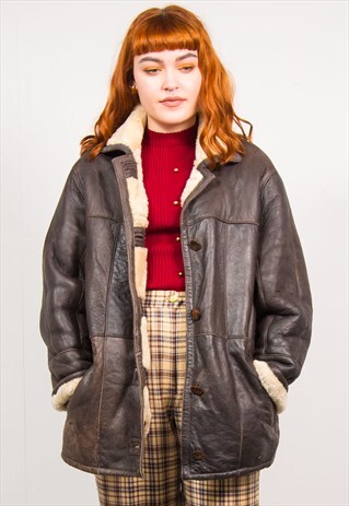 VINTAGE 90'S LEATHER SHEARLING AVIATOR STYLE JACKET COAT