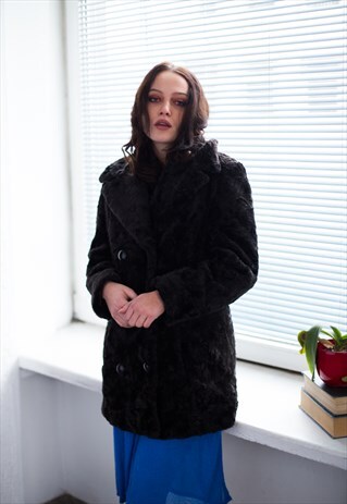 VINTAGE 70'S BROWN FAUX FUR DOUBLE BREASTED COAT