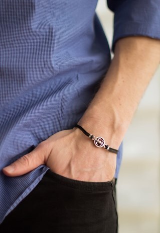 FLEUR DE LIS BRACELET FOR MEN SILVER CHARM BLACK CORD MENS