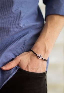 Fleur de lis bracelet for men silver charm black cord mens