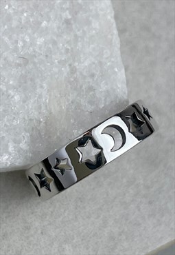 925 Sterling Silver Moon and Stars Band Ring, Celestial