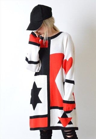 VINTAGE 80S ABSTRACT COLOUR BLOCK KNIT JUMPER