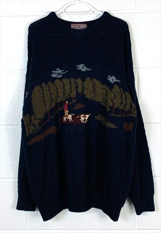 VINTAGE GRANDAD KNITTED JUMPER BLUE NATURE DOG PATTERNED
