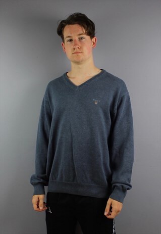 VINTAGE GANT CABLE KNIT SWEATSHIRT IN BLUE WITH EMBROIDERED