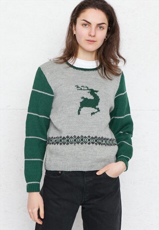 VINTAGE GREY GREEN ROUND NECK KNIT JUMPER SWEATER