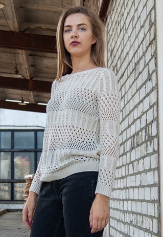 VINTAGE RETRO WHITE KNITTED SEE-THROUGH JUMPER