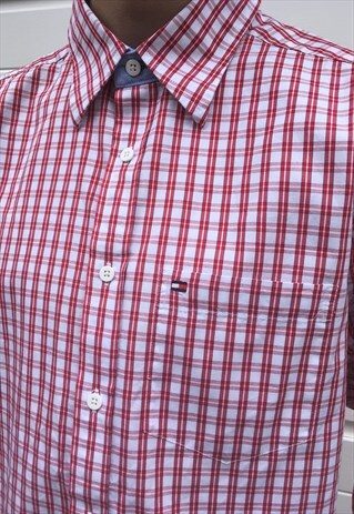 MENS TOMMY HILFIGER RED WHITE CHECKED BUTTON UP SHIRT TOP