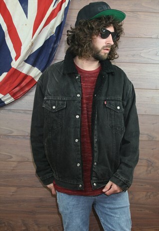 VINTAGE LEVI'S BLACK SHERPA DENIM JACKET BORG LINED LARGE 47