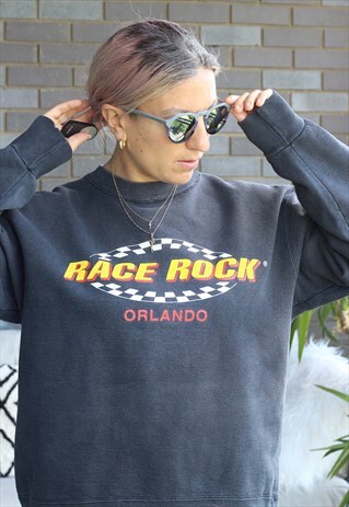 VINTAGE 1990S WASHED BLACK OVERSIZED RACE ROCK SWEATSHIRT