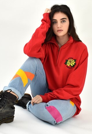 G&G UNISEX RED 1/4 ZIP YELLOW FLOWER SWEAT