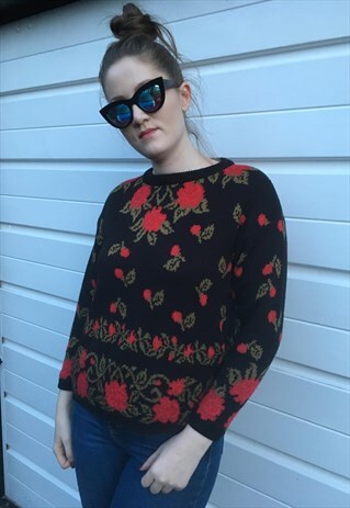 WOMENS VINTAGE 80S JUMPER RED BLACK FLORAL SWEATER TOP