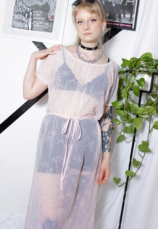 90S GRUNGE Y2K OFF-SHOULDER PASTEL SHEER FLORAL MAXI DRESS