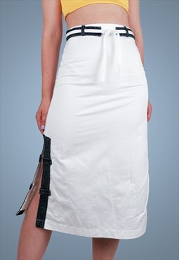 Vintage 80's High Waist Midi Skirt White Linen Cotton Retro