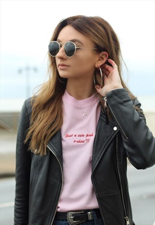 JUST A CUTE PINK TEE SLOGAN EMBROIDERED PINK T-SHIRT