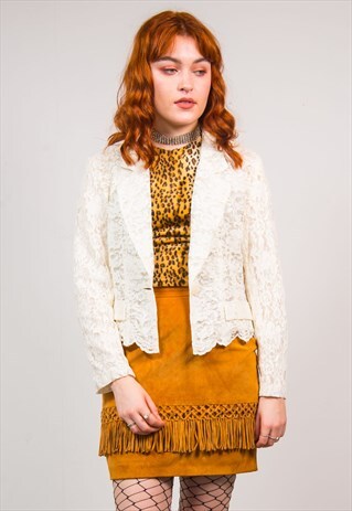 VINTAGE 80'S WHITE FLORAL LACE MESH BLAZER STYLE JACKET