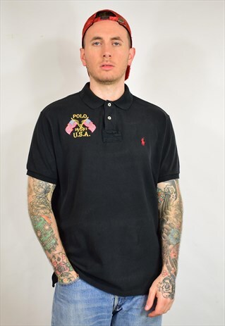 VINTAGE POLO RALPH LAUREN BLACK USA FLAG POLO T SHIRT