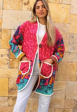 Long Cotton Quilted Jacket in Pink