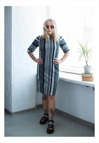 VINTAGE 80'S BLACK/WHITE STRIPED MIDI DRESS