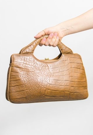Vintage 80's leather handbag in caramel brown animal pattern