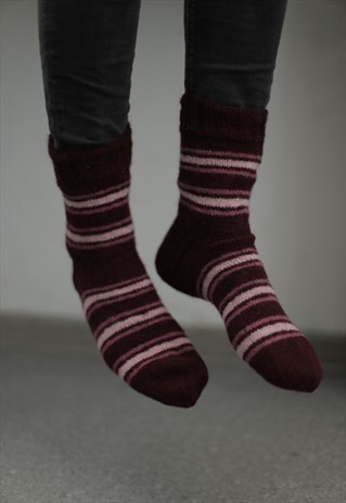 BURGUNDY STRIPED HANDMADE KNITTED WOOL SOCKS