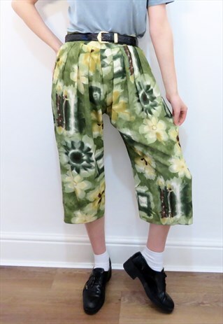 90S VINTAGE GREEN & YELLOW FLORAL HIGH WAISTED CULOTTES