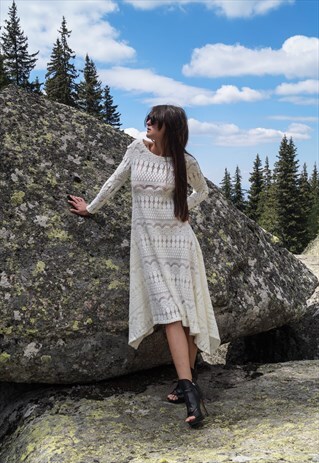 WHITE KNIT DRESS/SWEATER DRESS/CASUAL/HANDMADE/MIDI/F1712